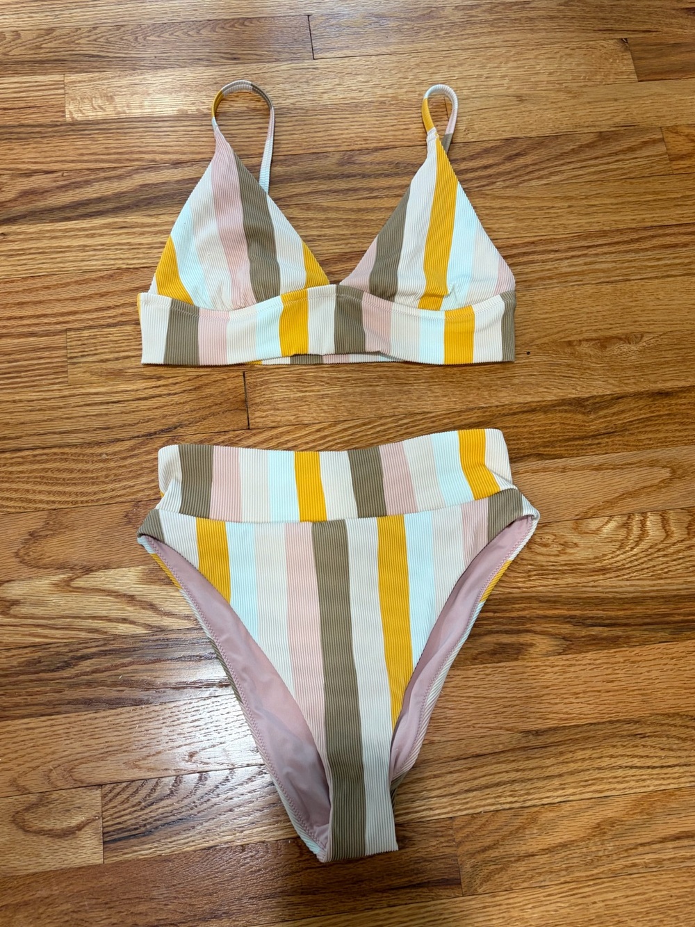 aerie Ribbed Two-Piece Swim Set in Yellow, Pink & Olive Stripe